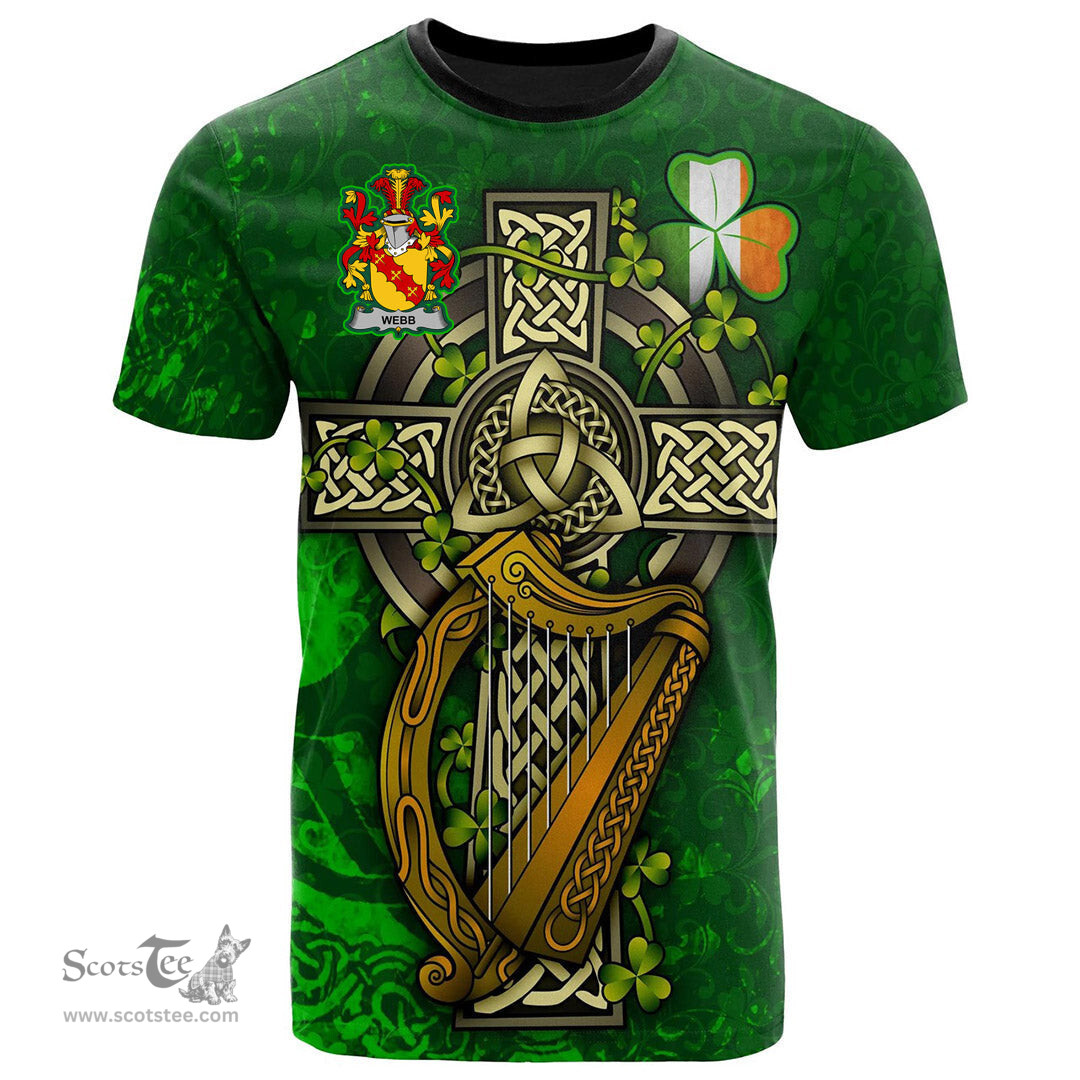 ScotsTee Shop Irish Webb Coat of Arms Irish Family Crest T Shirt Irish Shamrock Celtic Cross and Harp T Shirt