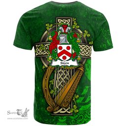 ScotsTee Shop Irish Steen Coat of Arms Irish Family Crest T Shirt Irish Shamrock Celtic Cross and Harp T Shirt