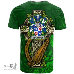 ScotsTee Shop Irish Shearman Coat of Arms Irish Family Crest T Shirt Irish Shamrock Celtic Cross and Harp T Shirt