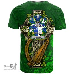 ScotsTee Shop Irish Sheehy or McSheehy Coat of Arms Irish Family Crest T Shirt Irish Shamrock Celtic Cross and Harp T Shirt