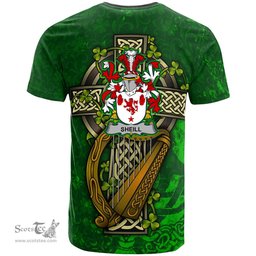 ScotsTee Shop Irish Sheill or O Sheil Coat of Arms Irish Family Crest T Shirt Irish Shamrock Celtic Cross and Harp T Shirt