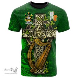 ScotsTee Shop Irish Tyler Coat of Arms Irish Family Crest T Shirt Irish Shamrock Celtic Cross and Harp T Shirt