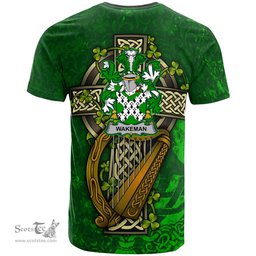 ScotsTee Shop Irish Wakeman Coat of Arms Irish Family Crest T Shirt Irish Shamrock Celtic Cross and Harp T Shirt