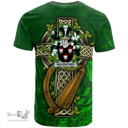 ScotsTee Shop Irish Woodford Coat of Arms Irish Family Crest T Shirt Irish Shamrock Celtic Cross and Harp T Shirt