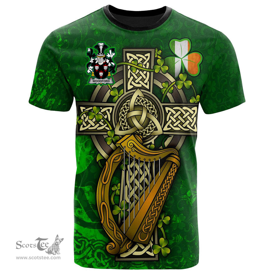 ScotsTee Shop Irish Woodford Coat of Arms Irish Family Crest T Shirt Irish Shamrock Celtic Cross and Harp T Shirt