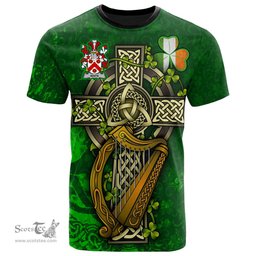 ScotsTee Shop Irish White or Whyte Coat of Arms Irish Family Crest T Shirt Irish Shamrock Celtic Cross and Harp T Shirt