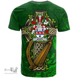 ScotsTee Shop Irish Scott Coat of Arms Irish Family Crest T Shirt Irish Shamrock Celtic Cross and Harp T Shirt