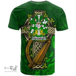 ScotsTee Shop Irish Shaughnessy or O Shaughnessy Coat of Arms Irish Family Crest T Shirt Irish Shamrock Celtic Cross and Harp T Shirt
