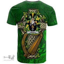 ScotsTee Shop Irish Tisdall or Tisdale Coat of Arms Irish Family Crest T Shirt Irish Shamrock Celtic Cross and Harp T Shirt