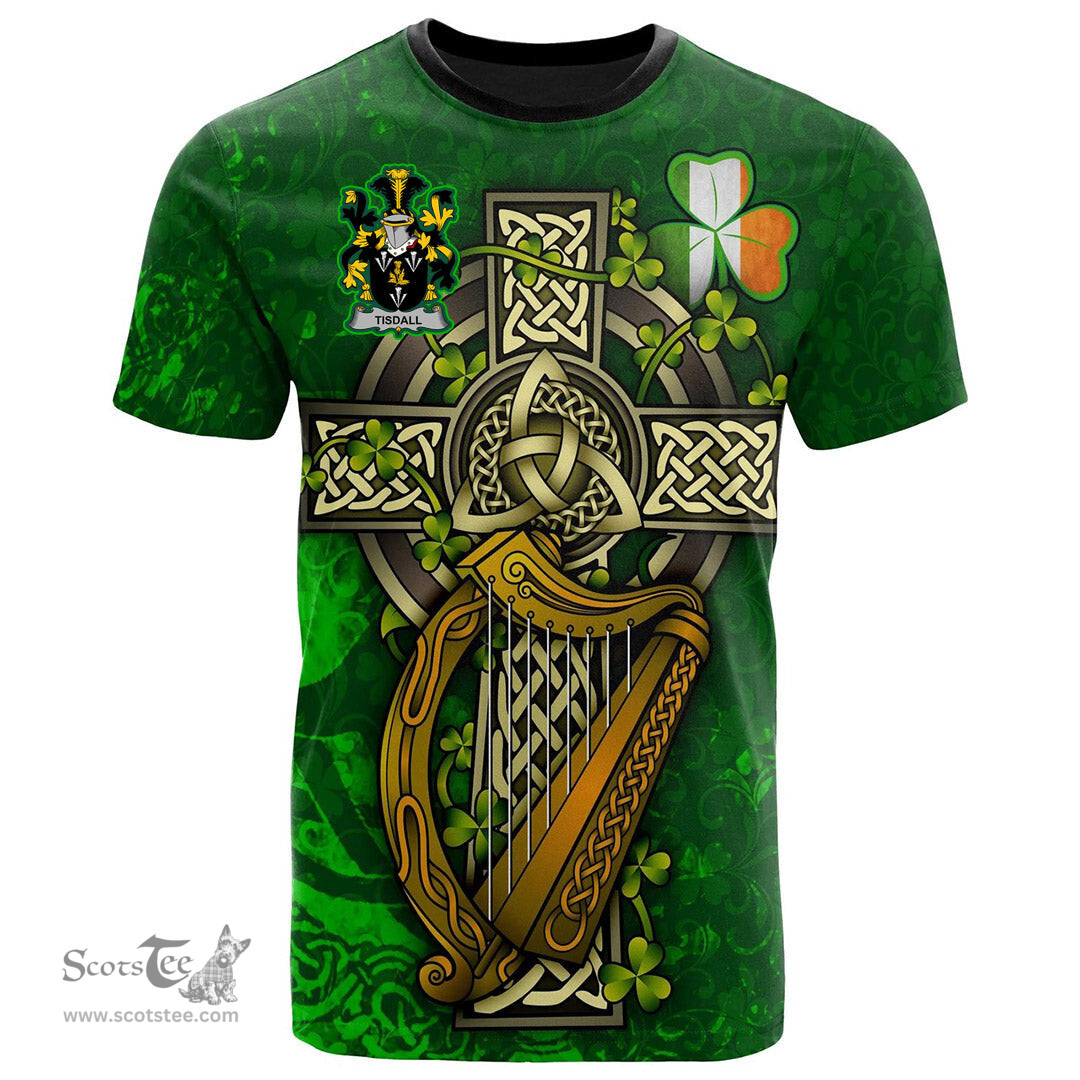 ScotsTee Shop Irish Tisdall or Tisdale Coat of Arms Irish Family Crest T Shirt Irish Shamrock Celtic Cross and Harp T Shirt