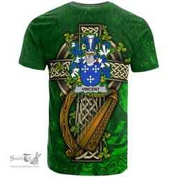 ScotsTee Shop Irish Vincent Coat of Arms Irish Family Crest T Shirt Irish Shamrock Celtic Cross and Harp T Shirt