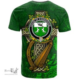 ScotsTee Shop Irish House of O DONOGHUE Coat of Arms Irish Family Crest T Shirt Irish Shamrock Celtic Cross and Harp T Shirt