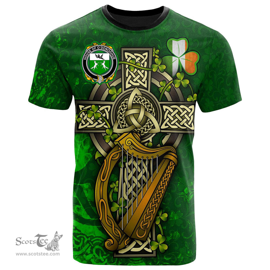 ScotsTee Shop Irish House of O DONOGHUE Coat of Arms Irish Family Crest T Shirt Irish Shamrock Celtic Cross and Harp T Shirt