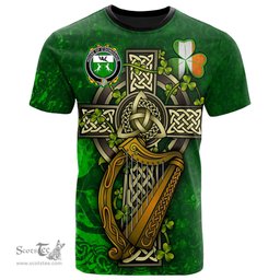 ScotsTee Shop Irish House of O DONOGHUE Coat of Arms Irish Family Crest T Shirt Irish Shamrock Celtic Cross and Harp T Shirt