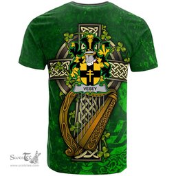 ScotsTee Shop Irish Vesey Coat of Arms Irish Family Crest T Shirt Irish Shamrock Celtic Cross and Harp T Shirt