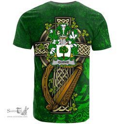 ScotsTee Shop Irish Quirke or O Quirke Coat of Arms Irish Family Crest T Shirt Irish Shamrock Celtic Cross and Harp T Shirt