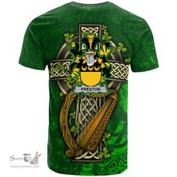 ScotsTee Shop Irish Preston Coat of Arms Irish Family Crest T Shirt Irish Shamrock Celtic Cross and Harp T Shirt