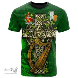 ScotsTee Shop Irish Stephens Coat of Arms Irish Family Crest T Shirt Irish Shamrock Celtic Cross and Harp T Shirt