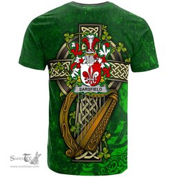 ScotsTee Shop Irish Sarsfield Coat of Arms Irish Family Crest T Shirt Irish Shamrock Celtic Cross and Harp T Shirt