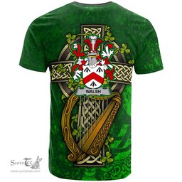ScotsTee Shop Irish Walsh Coat of Arms Irish Family Crest T Shirt Irish Shamrock Celtic Cross and Harp T Shirt