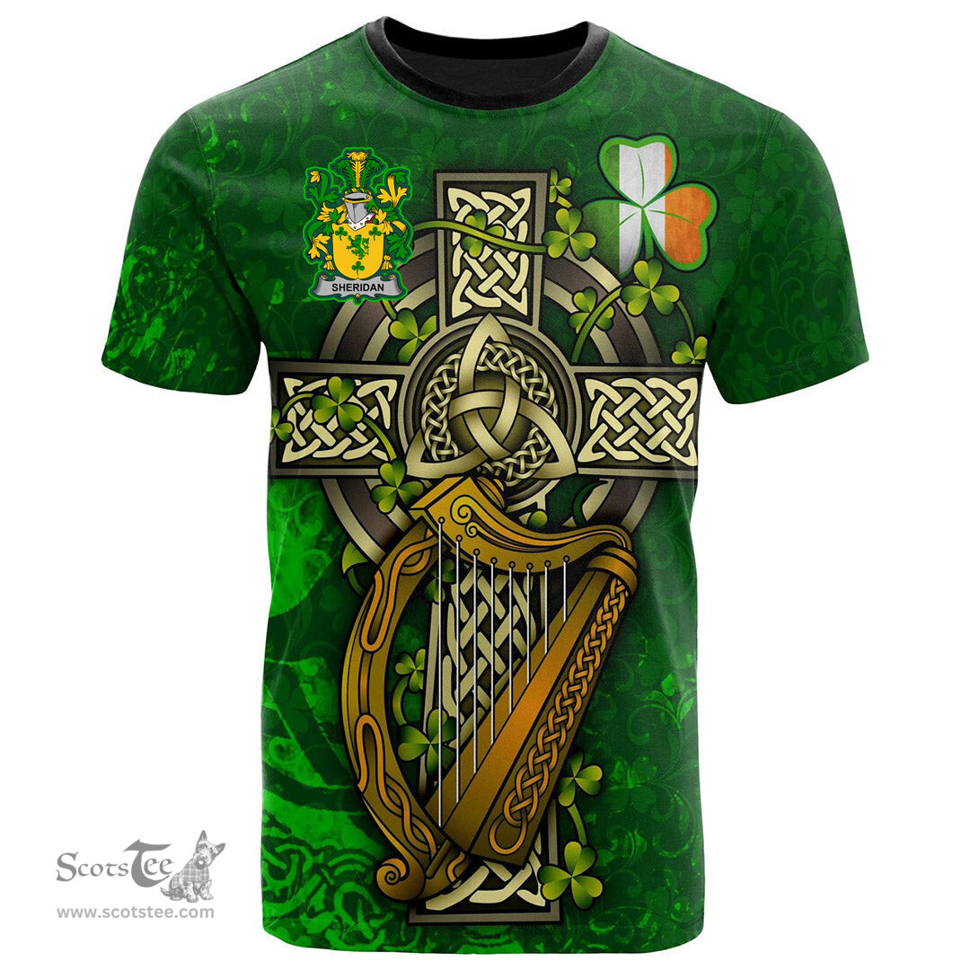 ScotsTee Shop Irish Sheridan Coat of Arms Irish Family Crest T Shirt Irish Shamrock Celtic Cross and Harp T Shirt