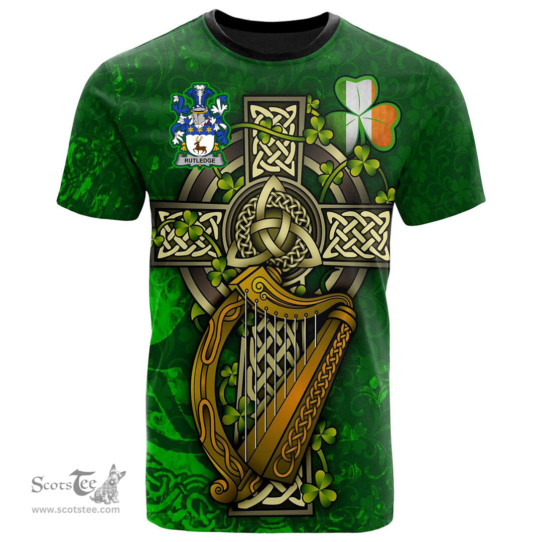 ScotsTee Shop Irish Rutledge Coat of Arms Irish Family Crest T Shirt Irish Shamrock Celtic Cross and Harp T Shirt