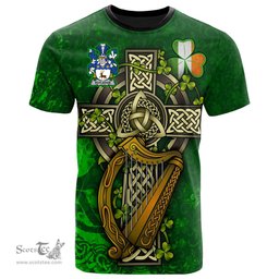 ScotsTee Shop Irish Rutledge Coat of Arms Irish Family Crest T Shirt Irish Shamrock Celtic Cross and Harp T Shirt
