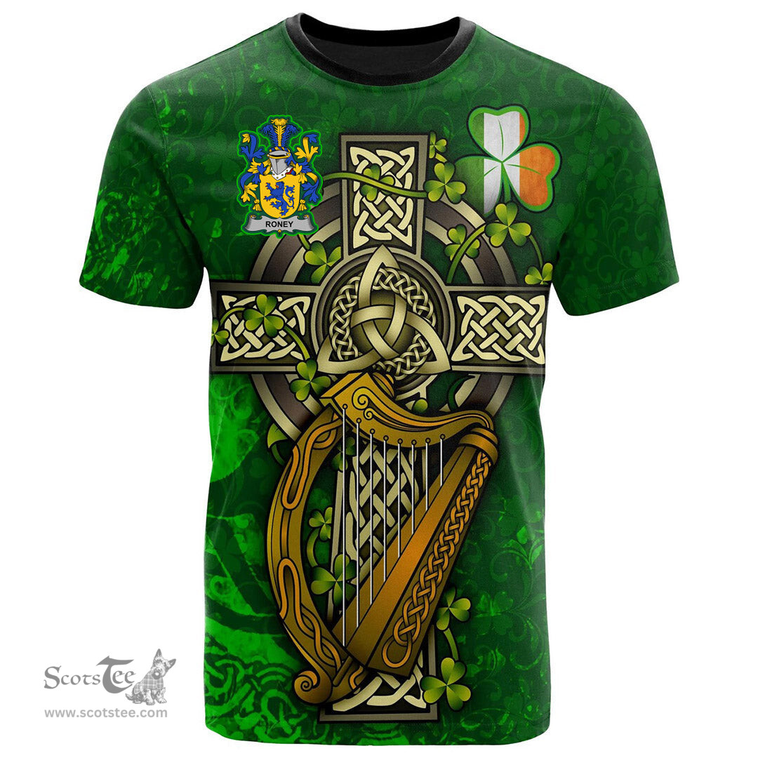 ScotsTee Shop Irish Roney or O Rooney Coat of Arms Irish Family Crest T Shirt Irish Shamrock Celtic Cross and Harp T Shirt