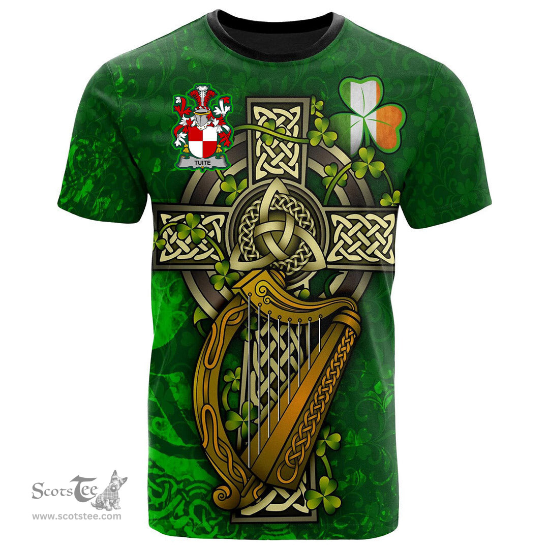 ScotsTee Shop Irish Tuite Coat of Arms Irish Family Crest T Shirt Irish Shamrock Celtic Cross and Harp T Shirt