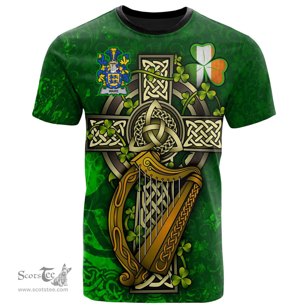 ScotsTee Shop Irish Ware Coat of Arms Irish Family Crest T Shirt Irish Shamrock Celtic Cross and Harp T Shirt