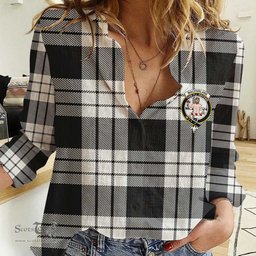 ScotsTee Shop Scottish MacFarlane Black & White Clan Tartan Women Casual Shirt - Crest Classic