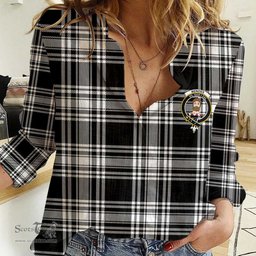 ScotsTee Shop Scottish Menzies Black & White Modern Clan Tartan Women Casual Shirt - Crest Classic