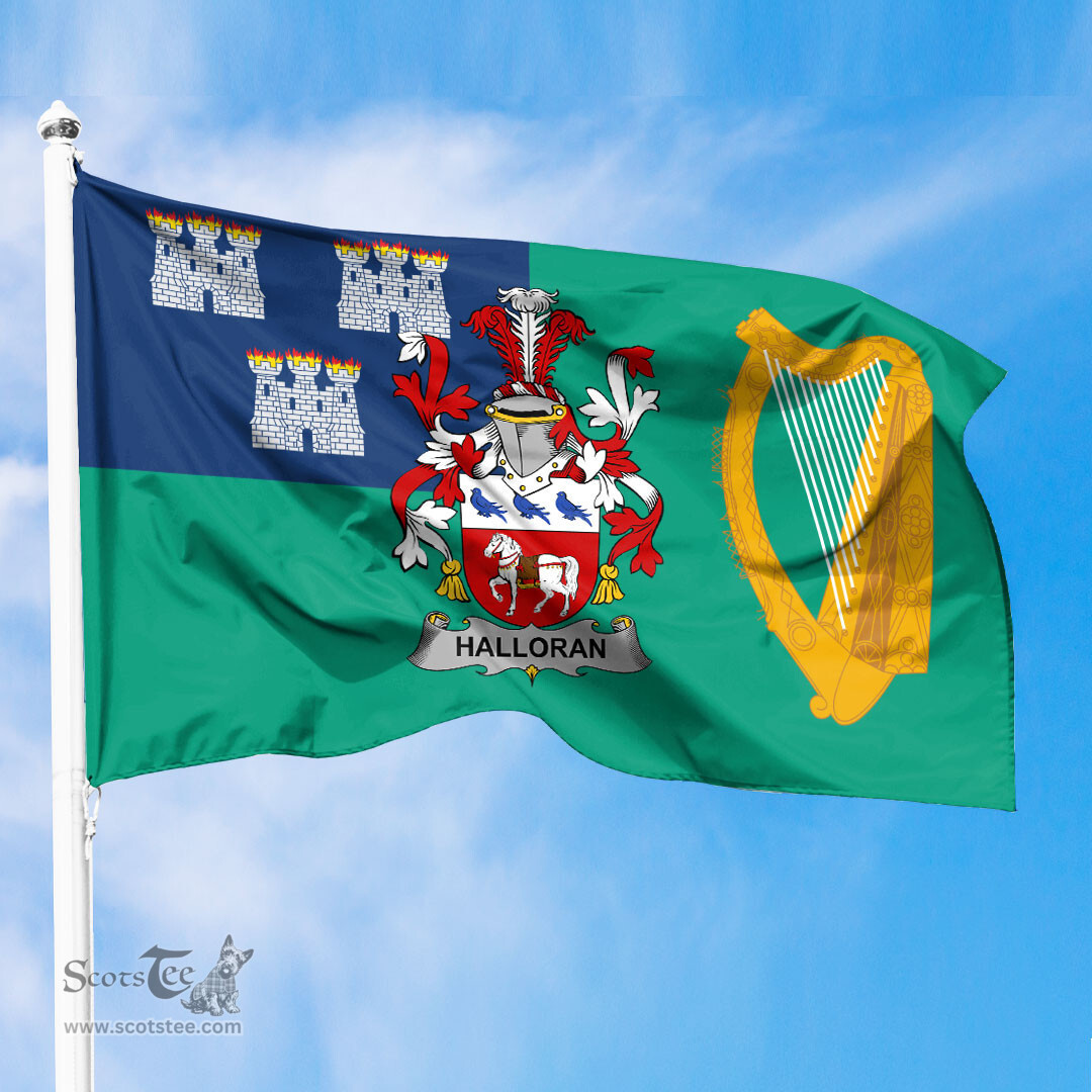 ScotsTee Shop Irish Halloran or O Halloran Coat of Arms Irish Family Crest Flag of Dublin City Flag