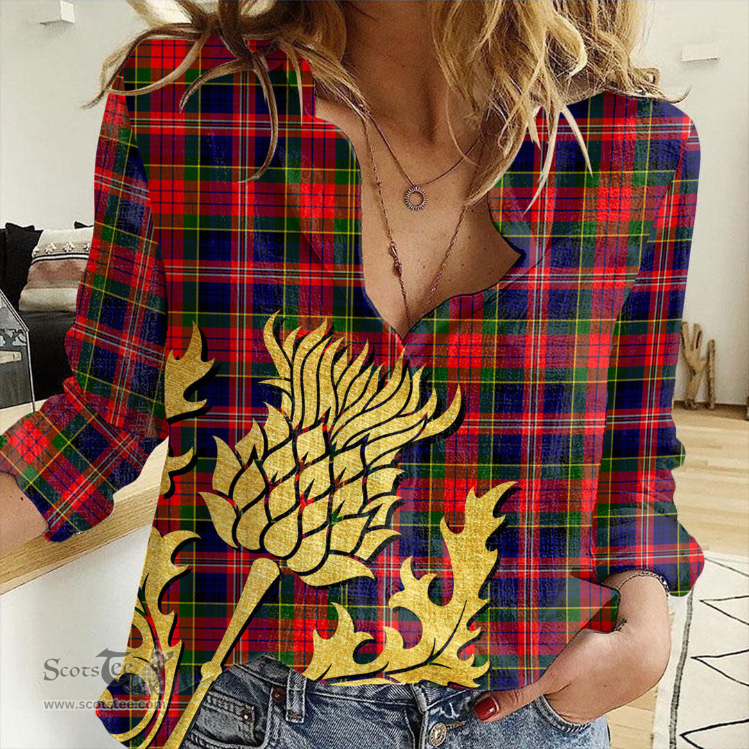 ScotsTee Shop Scottish MacPherson Modern Clan Tartan Women Casual Shirt - Golden Thistle Style