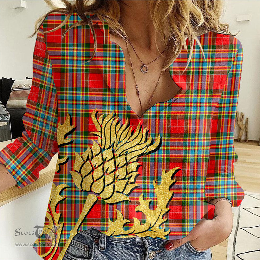 ScotsTee Shop Scottish Chattan Clan Tartan Women Casual Shirt - Golden Thistle Style
