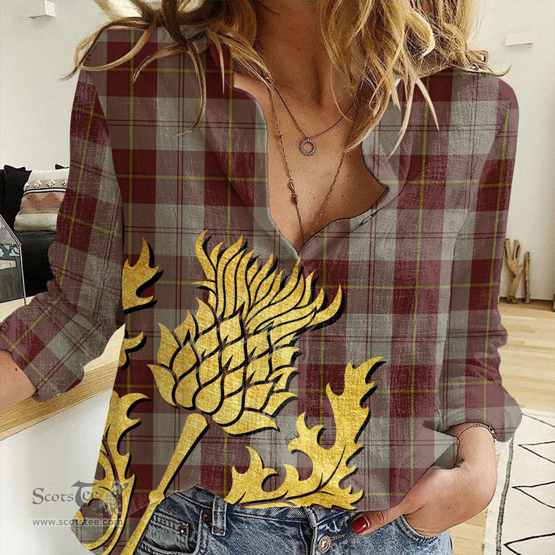 ScotsTee Shop Scottish Cunningham Burgundy Dancers Clan Tartan Women Casual Shirt - Golden Thistle Style