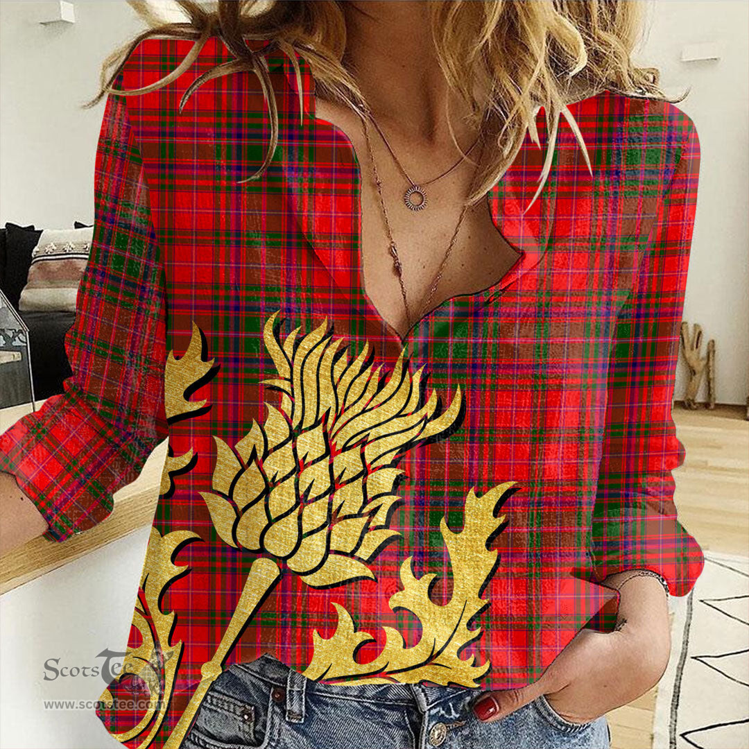 ScotsTee Shop Scottish MacDougall Modern Clan Tartan Women Casual Shirt - Golden Thistle Style