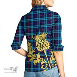 ScotsTee Shop Scottish McCorquodale Clan Tartan Women Casual Shirt - Golden Thistle Style