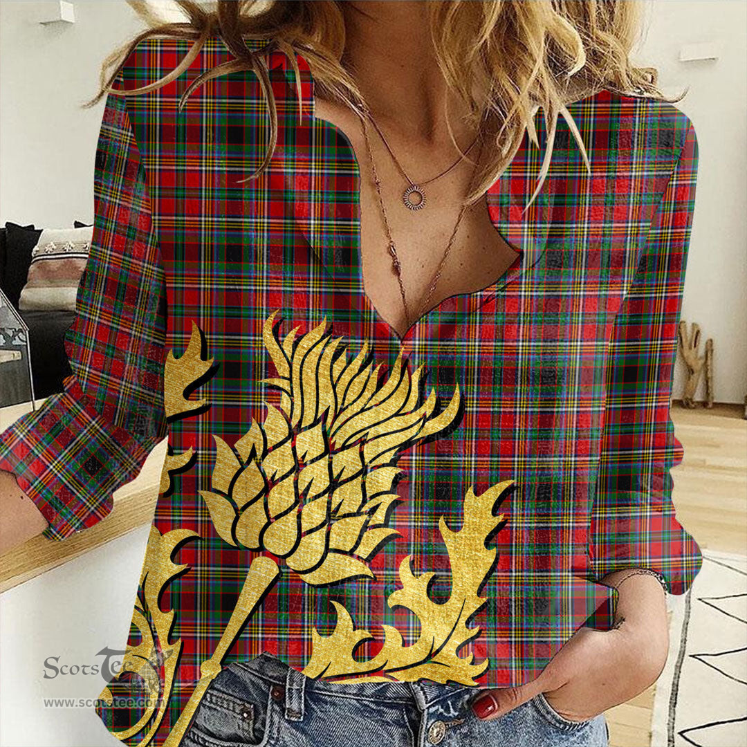 ScotsTee Shop Scottish Anderson of Arbrake Clan Tartan Women Casual Shirt - Golden Thistle Style