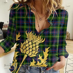 ScotsTee Shop Scottish Farquharson Modern Clan Tartan Women Casual Shirt - Golden Thistle Style
