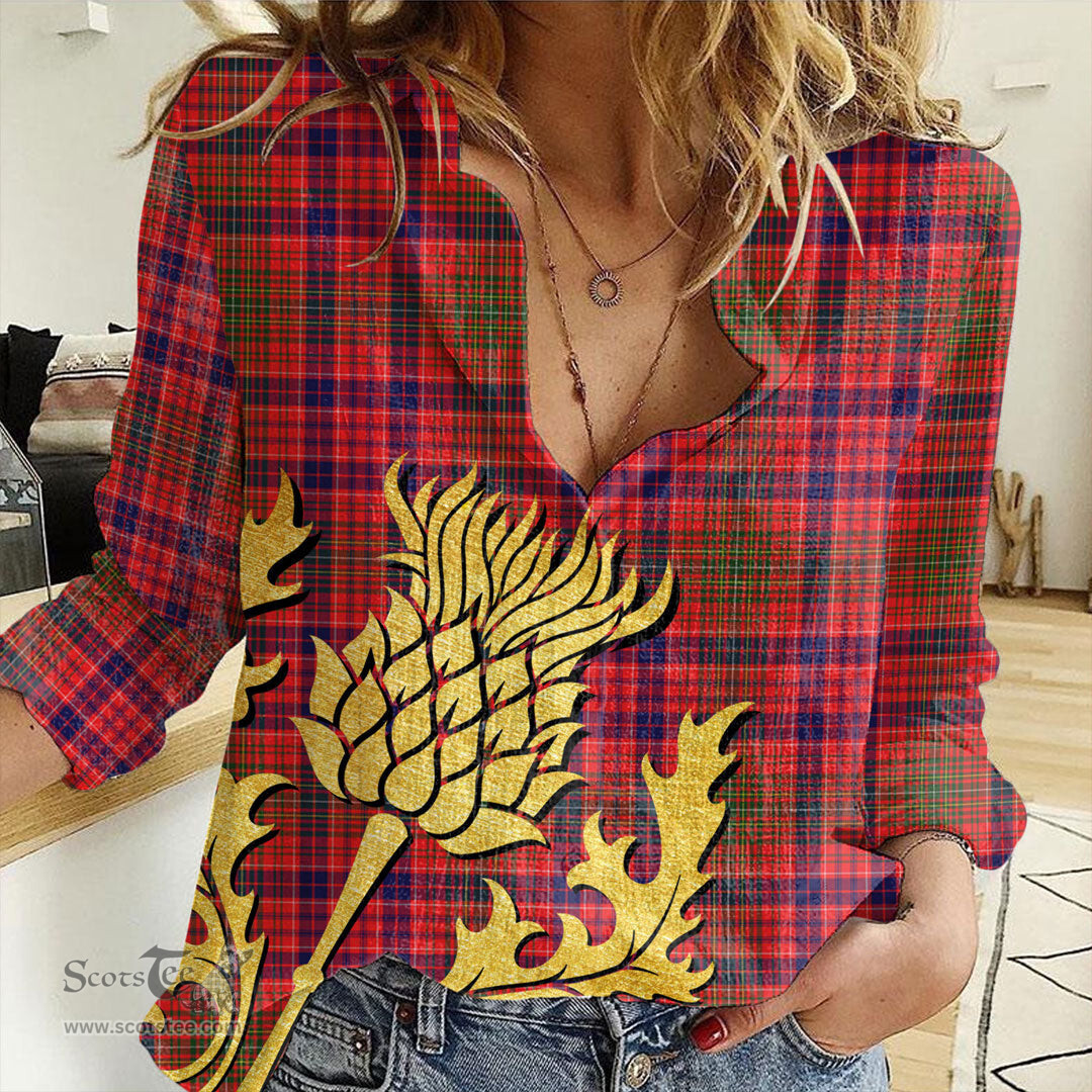 ScotsTee Shop Scottish Lumsden Modern Clan Tartan Women Casual Shirt - Golden Thistle Style
