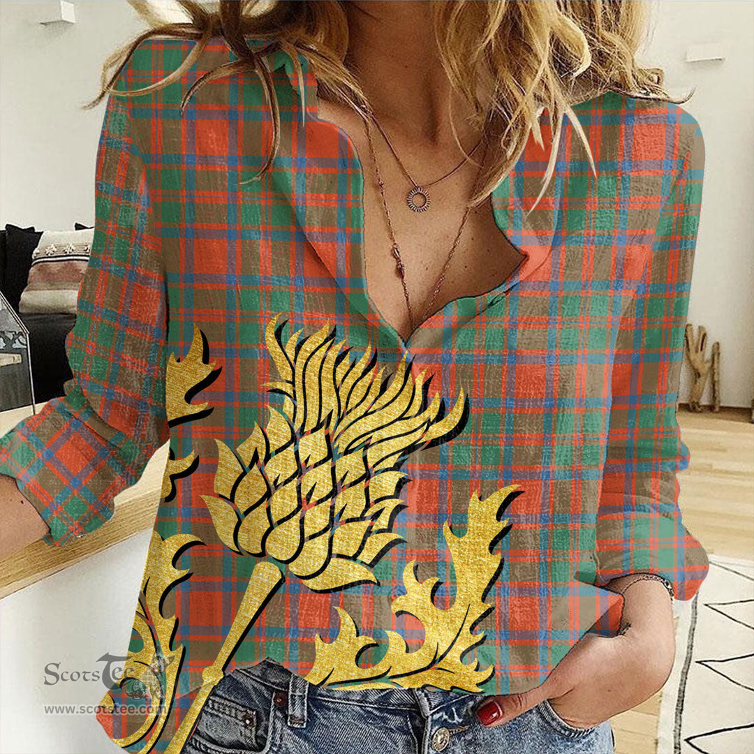 ScotsTee Shop Scottish MacKintosh Ancient Clan Tartan Women Casual Shirt - Golden Thistle Style
