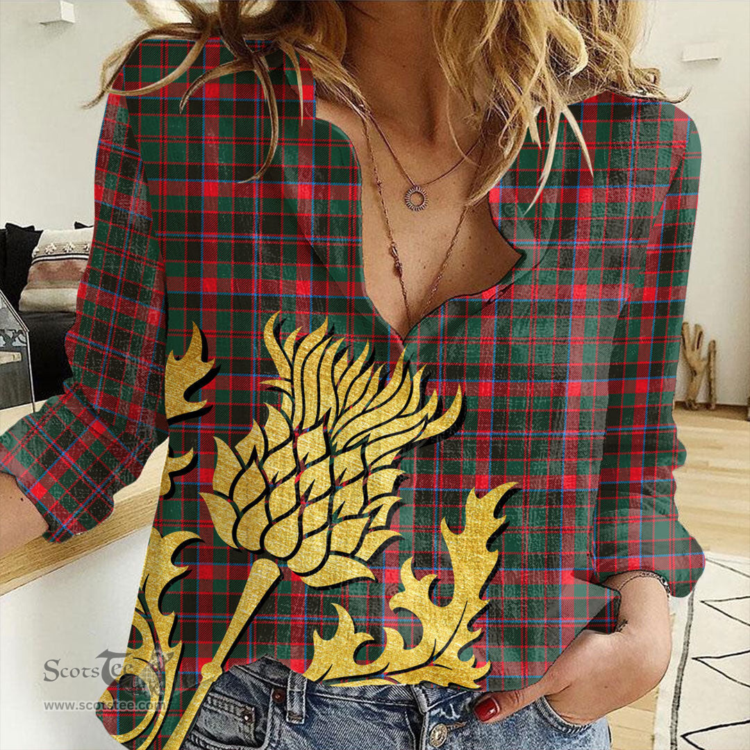 ScotsTee Shop Scottish Cumming Hunting Modern Clan Tartan Women Casual Shirt - Golden Thistle Style