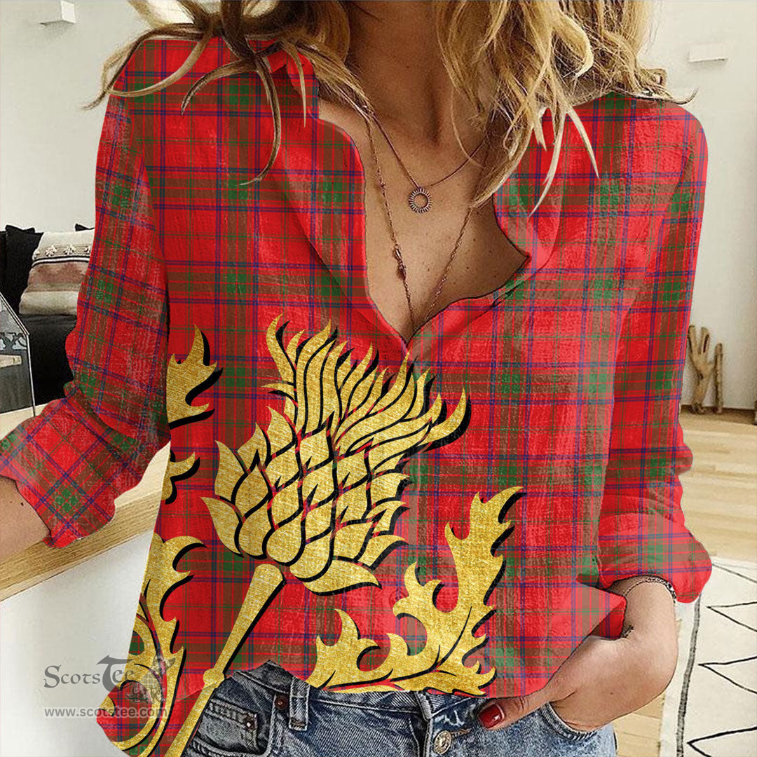 ScotsTee Shop Scottish Ross Modern Clan Tartan Women Casual Shirt - Golden Thistle Style