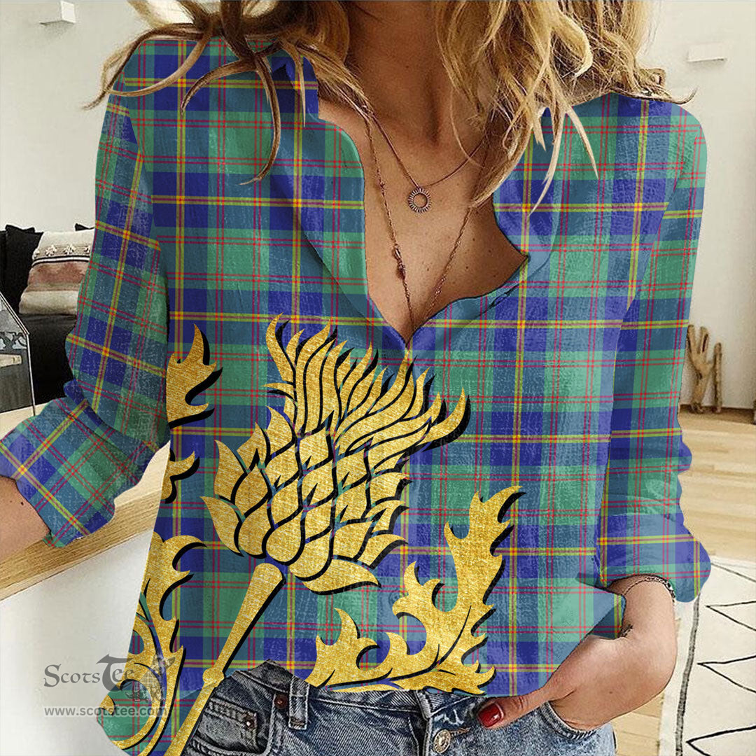 ScotsTee Shop Scottish US Marine Clan Tartan Women Casual Shirt - Golden Thistle Style