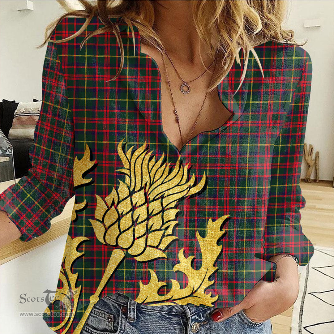 ScotsTee Shop Scottish MacKintosh Hunting Modern Clan Tartan Women Casual Shirt - Golden Thistle Style