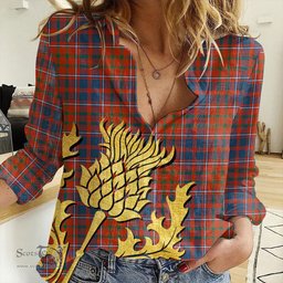 ScotsTee Shop Scottish Cameron of Lochiel Ancient Clan Tartan Women Casual Shirt - Golden Thistle Style