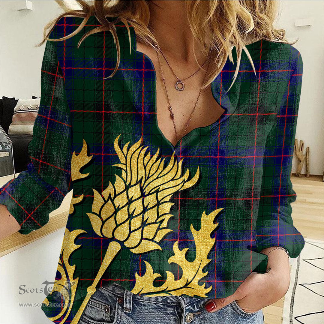 ScotsTee Shop Scottish Davidson Modern Clan Tartan Women Casual Shirt - Golden Thistle Style