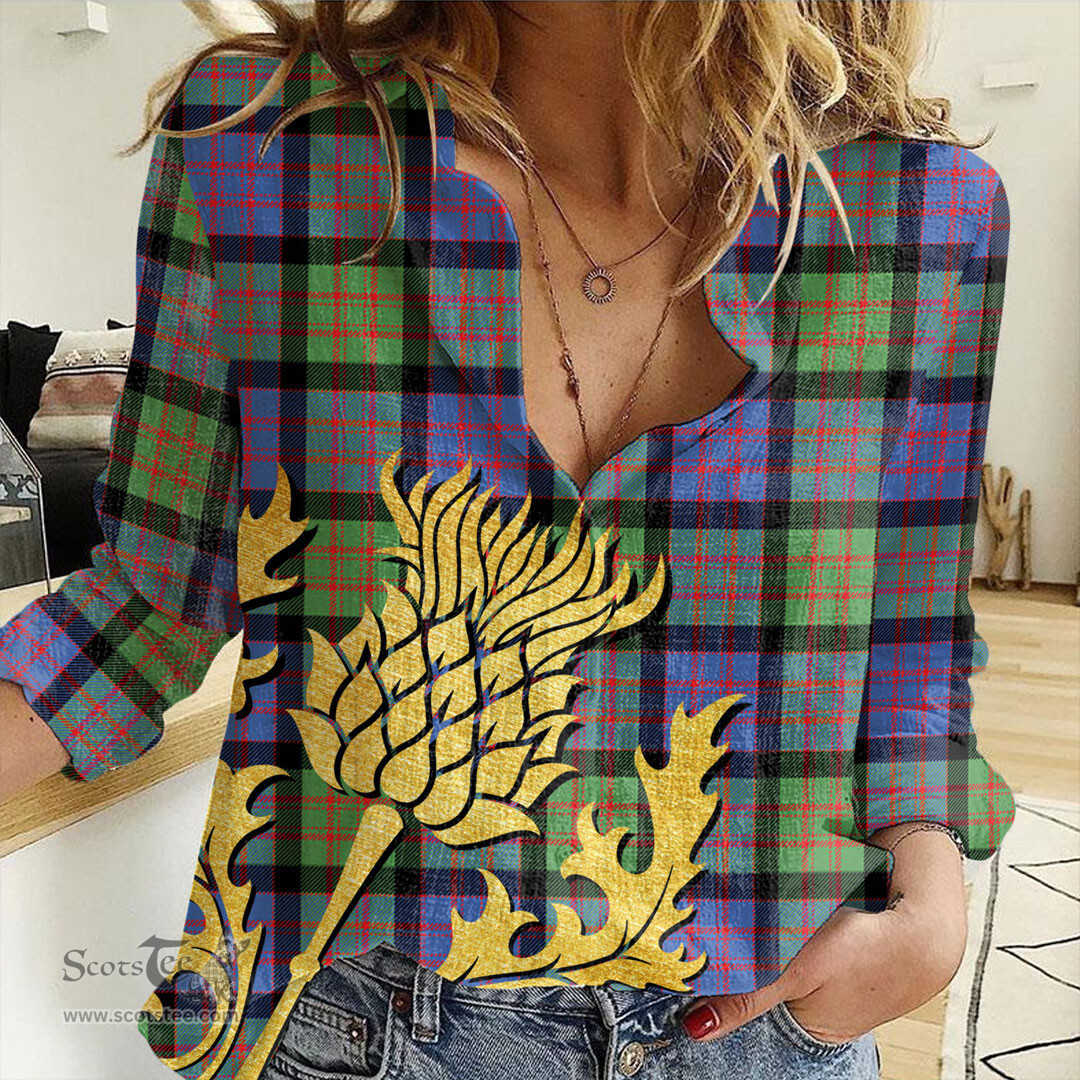 ScotsTee Shop Scottish MacDonald Ancient Clan Tartan Women Casual Shirt - Golden Thistle Style