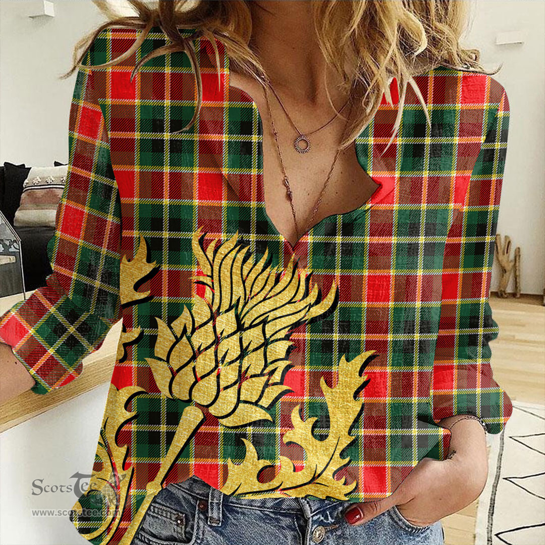 ScotsTee Shop Scottish MacLachlan Hunting Modern Clan Tartan Women Casual Shirt - Golden Thistle Style